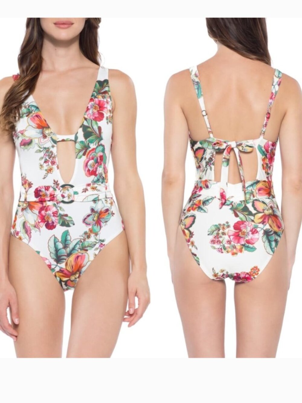 Becca Emma Swimsuit One Piece Keyhole Belted Floral Flowers White Plus Size 2X